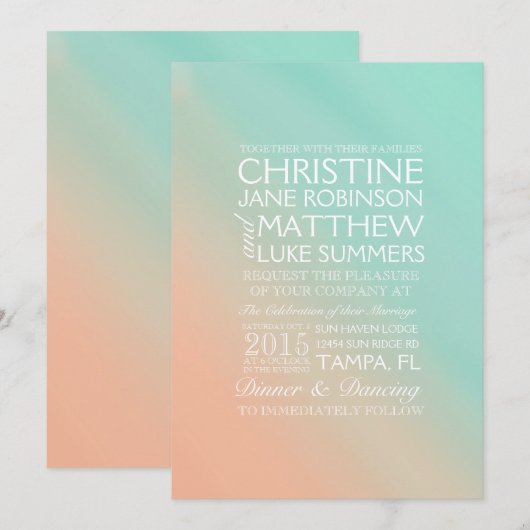 Mint en Peach Ombre Wedding Invitation Kaart (Voorkant / Achterkant)