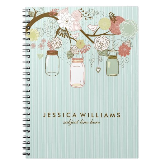 Mint en Retro Flowers & Mason Jars Notitieboek (Voorkant)