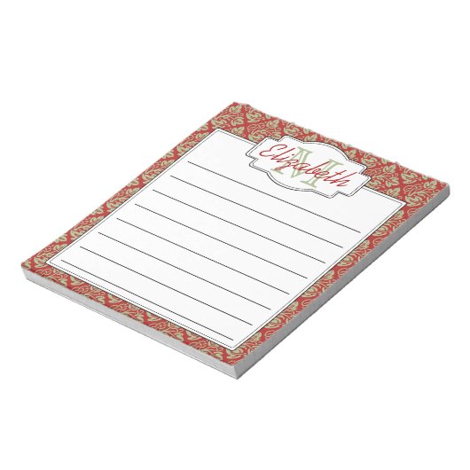 Mint- en Rode Monogram - Boom van het Levenspatroo Notitieblok (Linkerzijde)