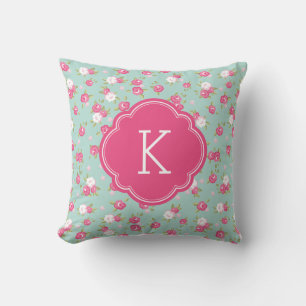 Mint en Roze  Floral Print Monogram Kussen