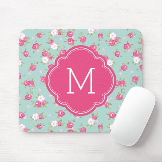 Mint en Roze  Floral Print Monogram Muismat (Met muis)