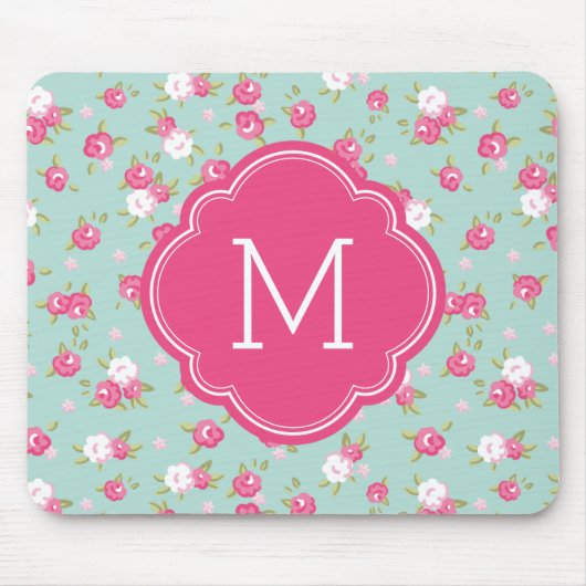 Mint en Roze  Floral Print Monogram Muismat (Voorkant)