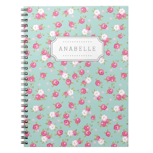 Mint en Roze  Floral Print Monogram Notitieboek (Voorkant)