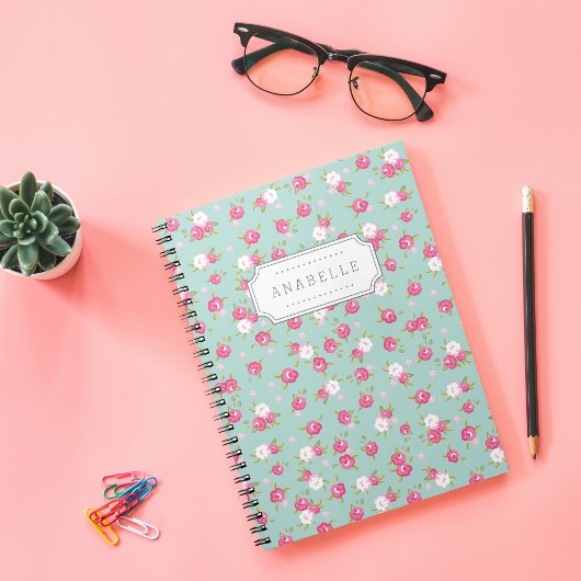 Mint en Roze  Floral Print Monogram Notitieboek