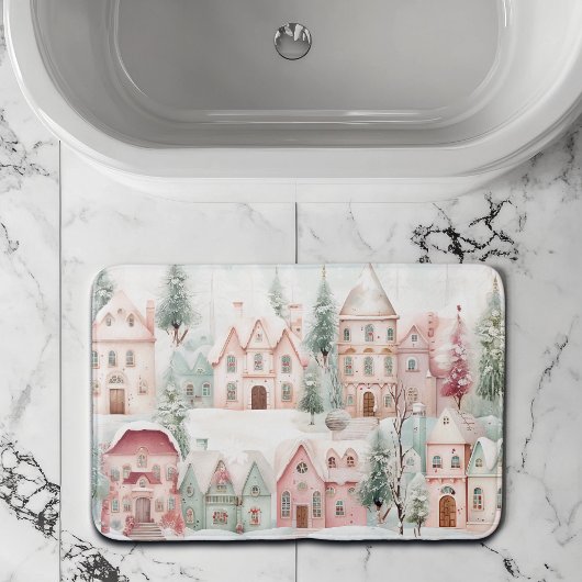 Mint en Roze Gezellige Waterverf Winter Scene Badmat
