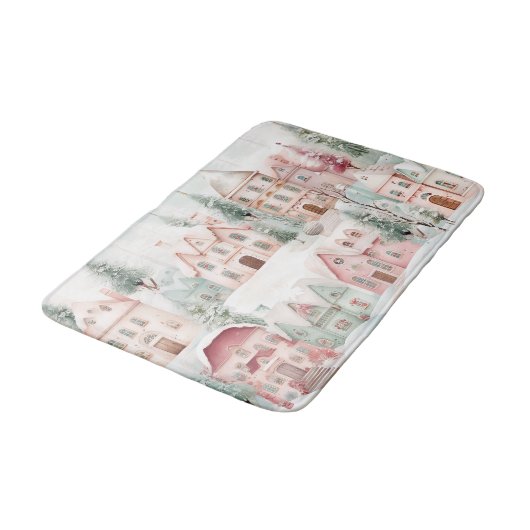 Mint en Roze Gezellige Waterverf Winter Scene Badmat (Gekanteld)