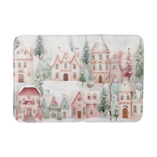 Mint en Roze Gezellige Waterverf Winter Scene Badmat (Voorkant)