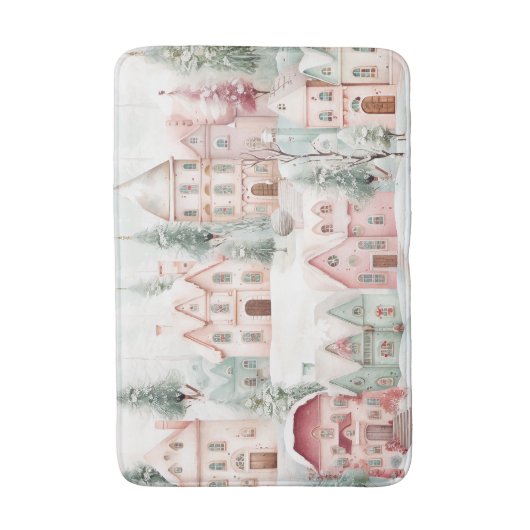 Mint en Roze Gezellige Waterverf Winter Scene Badmat (Voorkant Verticaal)