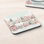 Mint en Roze Gezellige Waterverf Winter Scene Bier Onderzetter (Linkerzijde)