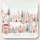 Mint en Roze Gezellige Waterverf Winter Scene Bier Onderzetter (Voorkant)