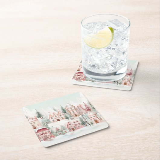Mint en Roze Gezellige Waterverf Winter Scene Kartonnen Onderzetters (Insitu)