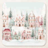 Mint en Roze Gezellige Waterverf Winter Scene Kartonnen Onderzetters (Voorkant)