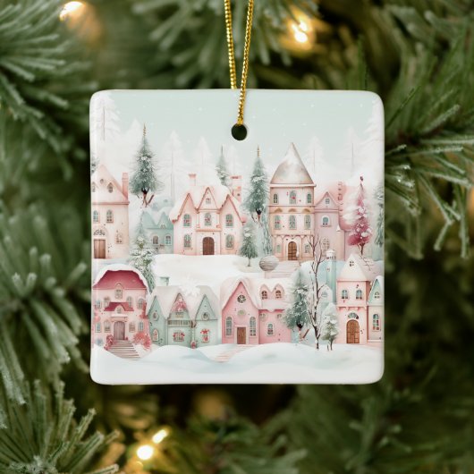 Mint en Roze Gezellige Waterverf Winter Scene Keramisch Ornament (Boom)