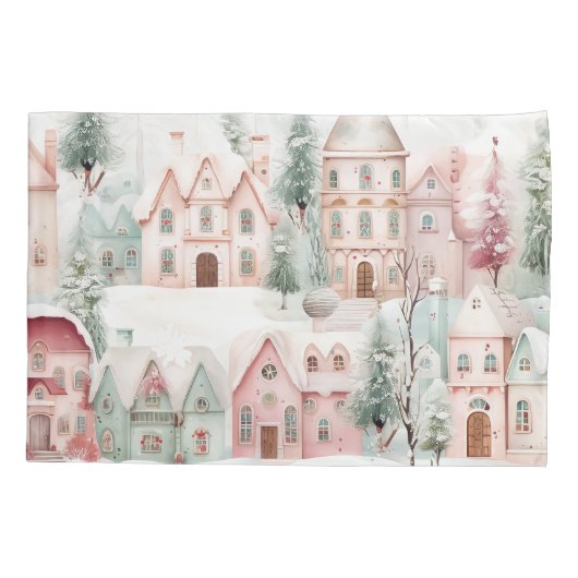 Mint en Roze Gezellige Waterverf Winter Scene Kussensloop (Achterkant)