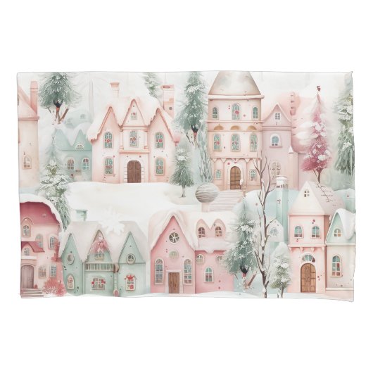 Mint en Roze Gezellige Waterverf Winter Scene Kussensloop (Voorkant)