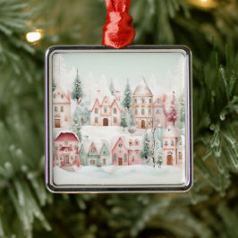 Mint en Roze Gezellige Waterverf Winter Scene Metalen Ornament
