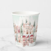 Mint en Roze Gezellige Waterverf Winter Scene Papieren Bekers (Rechts)