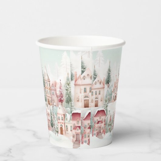 Mint en Roze Gezellige Waterverf Winter Scene Papieren Bekers (Rechts)