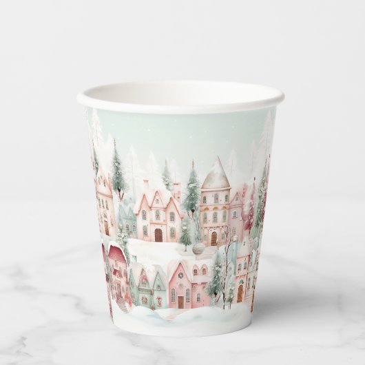 Mint en Roze Gezellige Waterverf Winter Scene Papieren Bekers (Voorkant)