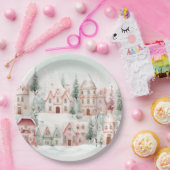 Mint en Roze Gezellige Waterverf Winter Scene Papieren Bordje (Feest)