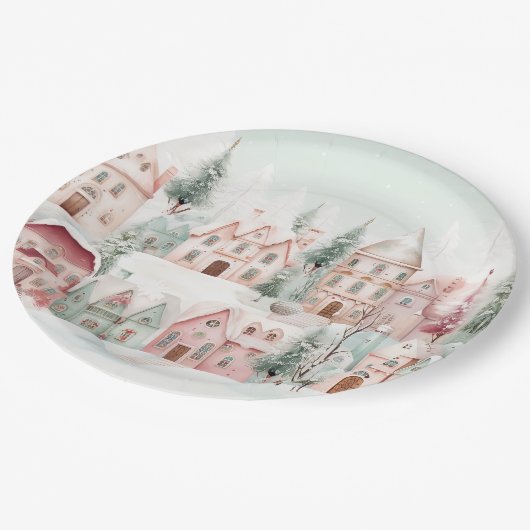 Mint en Roze Gezellige Waterverf Winter Scene Papieren Bordje (Gekanteld)