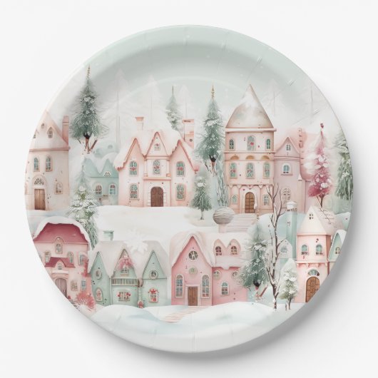 Mint en Roze Gezellige Waterverf Winter Scene Papieren Bordje (Voorkant)