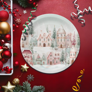 Mint en Roze Gezellige Waterverf Winter Scene Papieren Bordje