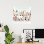 Mint en Roze Gezellige Waterverf Winter Scene Poster (Thuiskantoor)