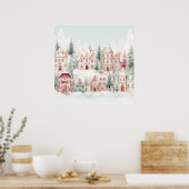 Mint en Roze Gezellige Waterverf Winter Scene Poster (Keuken)