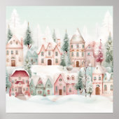 Mint en Roze Gezellige Waterverf Winter Scene Poster (Voorkant)