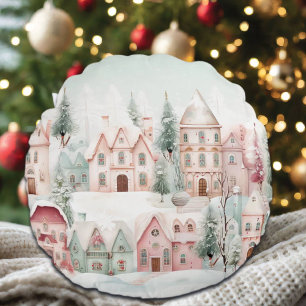 Mint en Roze Gezellige Waterverf Winter Scene Rond Kussen