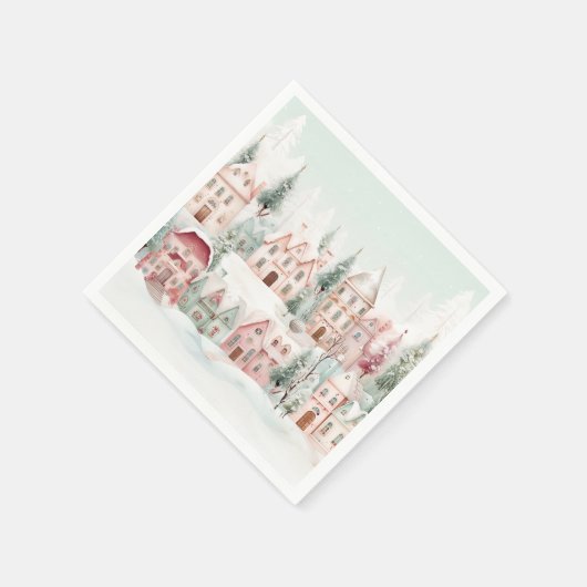 Mint en Roze Gezellige Waterverf Winter Scene Servet (Hoek)