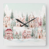 Mint en Roze Gezellige Waterverf Winter Scene Vierkante Klok (Voorkant)