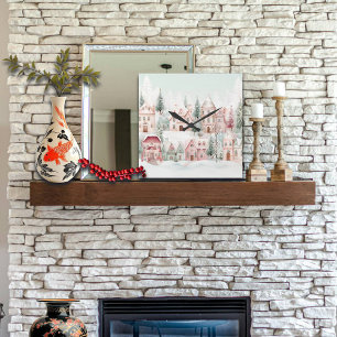 Mint en Roze Gezellige Waterverf Winter Scene Vierkante Klok