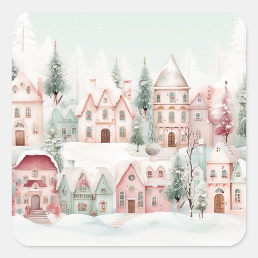 Mint en Roze Gezellige Waterverf Winter Scene Vierkante Sticker (Voorkant)