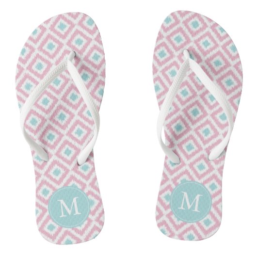 Mint en roze Ikat Pattern Monogram Teenslippers (Voetbed)