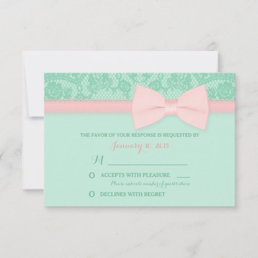 Mint en Roze Lace Wedding RSVP Kaartje (Voorkant)