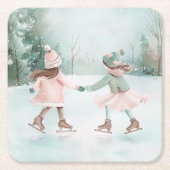 Mint en Roze Meisjes Schaatsen - Winter Scene Kartonnen Onderzetters (Voorkant)