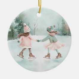 Mint en Roze Meisjes Schaatsen - Winter Scene Keramisch Ornament