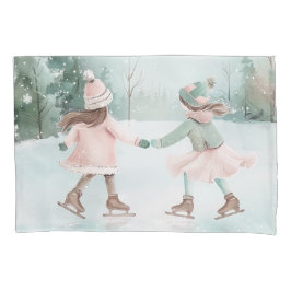 Mint en Roze Meisjes Schaatsen - Winter Scene Kussensloop