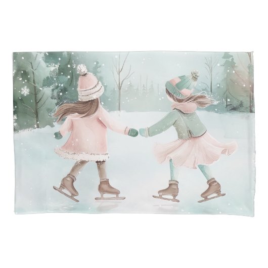 Mint en Roze Meisjes Schaatsen - Winter Scene Kussensloop (Voorkant)