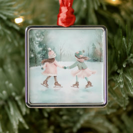 Mint en Roze Meisjes Schaatsen - Winter Scene Metalen Ornament