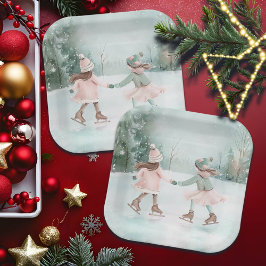 Mint en Roze Meisjes Schaatsen - Winter Scene Papieren Bordje