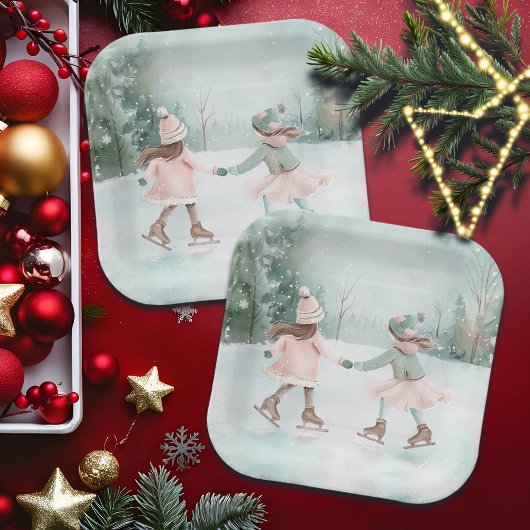Mint en Roze Meisjes Schaatsen - Winter Scene Papieren Bordje