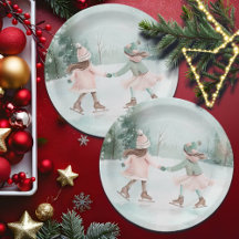 Mint en Roze Meisjes Schaatsen - Winter Scene