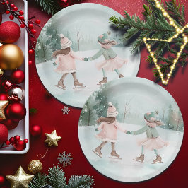 Mint en Roze Meisjes Schaatsen - Winter Scene Papieren Bordje