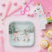 Mint en Roze Meisjes Schaatsen - Winter Scene Papieren Bordje (Feest)