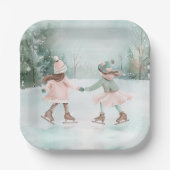 Mint en Roze Meisjes Schaatsen - Winter Scene Papieren Bordje (Voorkant)