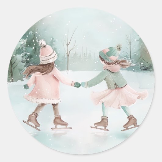 Mint en Roze Meisjes Schaatsen - Winter Scene Ronde Sticker (Voorkant)