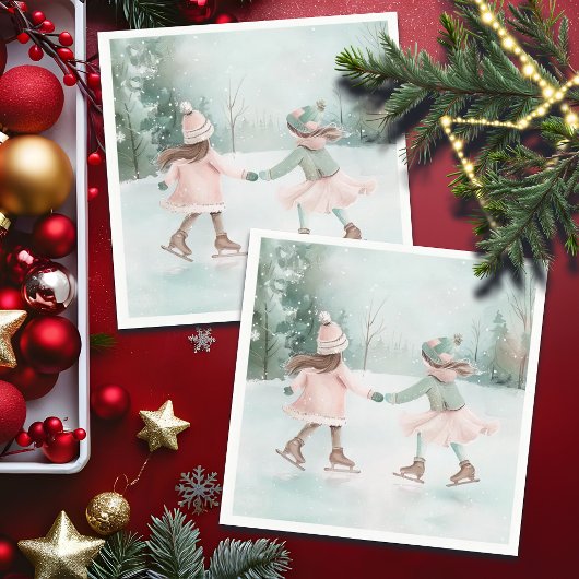 Mint en Roze Meisjes Schaatsen - Winter Scene Servet
